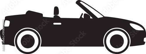 Black silhouette of a convertible sports car with white rimmed wheels and open also transparent background