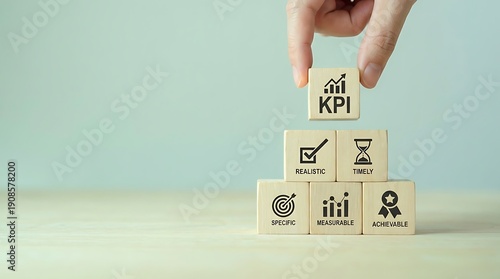 Hand placing wooden KPI block on business strategy stack with growth, performance, and analytics icons on light background