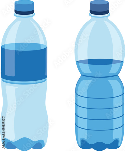 Plastic water bottles illustration set with blue caps and labels isolated on white background, drinking mineral water container design for hydration, packaging and beverage concept.