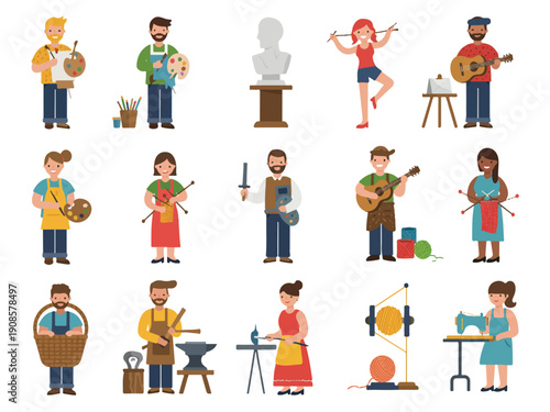 Various cartoon people engaged in different creative activities and hobbies  painting  music  sculpture  sewing  crafts