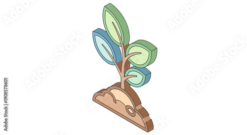 Colorful Cartoon Plant with Green Leaves.