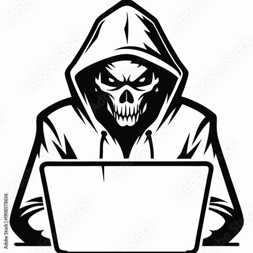 Skull in Hoodie at Laptop Illustration, Black and White, Minimalist Style Design
