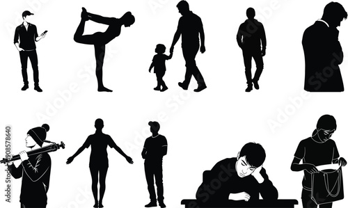 Collection of diverse human silhouettes in various poses and activities