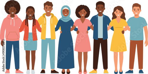 Diverse group of happy multiracial people standing together, smiling, unity, inclusion, community, multicultural friendship and social diversity vector illustration