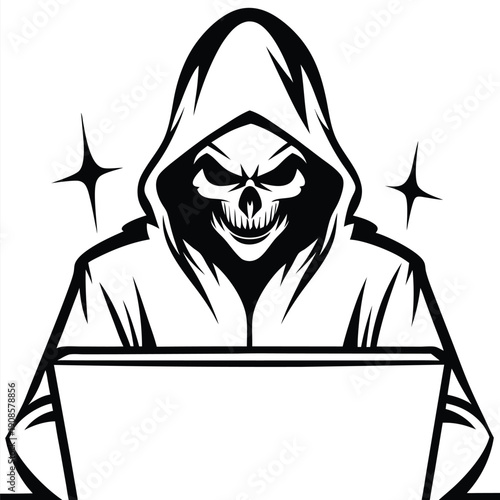 Skull in Hood with Laptop Icon, Binary Stars Symbol Isolated on White Background