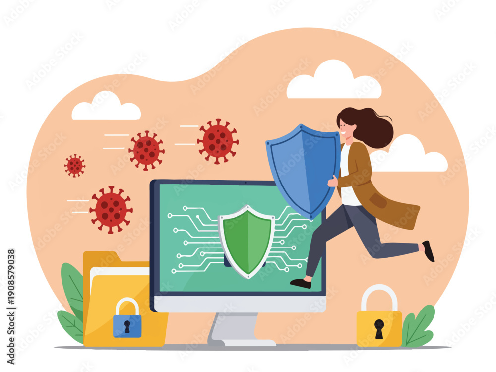Fototapeta premium Woman protecting computer from viruses with shield and secure data on screen cybersecurity concept