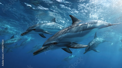 Wallpaper Mural Dolphins Swim Together in Deep Ocean Showcasing Social Behavior and Intelligence While Exploring Their Underwater Environment Torontodigital.ca