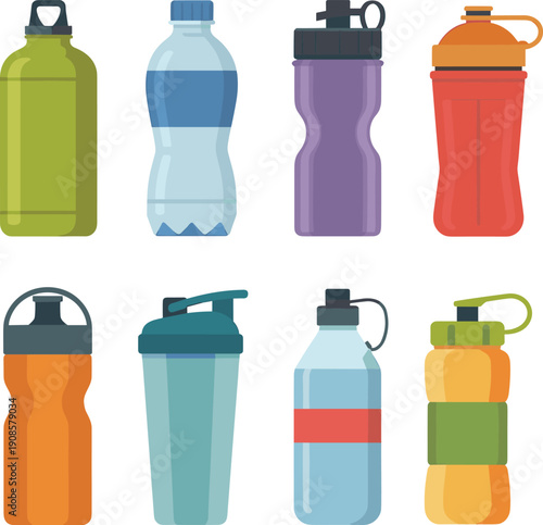 Set of colorful reusable water bottles and sport drink containers isolated on white background, hydration accessories collection for fitness, gym training, camping and healthy lifestyle.