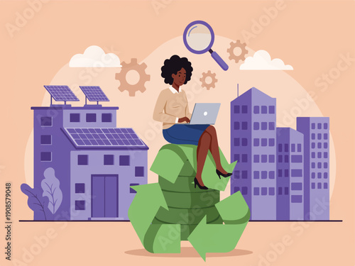 Woman sitting on recycling symbol with laptop in front of cityscape with solar panels eco friendly urban environment