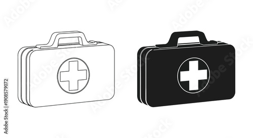 A pair of medical cases are displayed one white outline and one black fill showcasing a medical cross symbol silhouette
