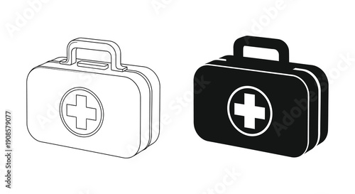Two depictions of a medical case one outlined and one solid black showcase a cross symbol silhouette high quality professional detailed