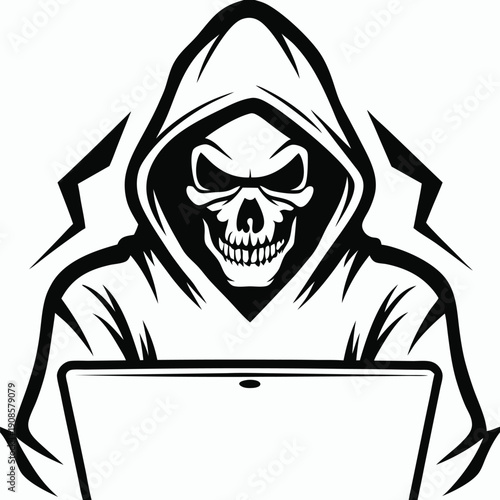 Skull in Hoodie Working on Laptop Icon, Monochrome Abstract Outline Style, Cyberpunk Concept