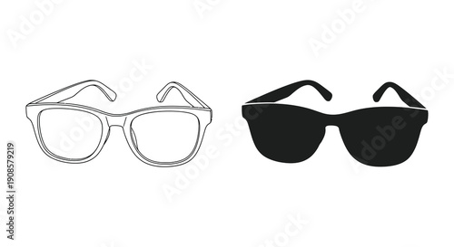 A pair of sunglasses is depicted in both line art and a solid black silhouette showcasing two distinct styles high quality