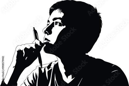 A black and white silhouette portrait of a man in contemplation