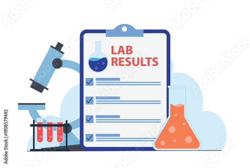 Illustration of Lab Results, with test tubes and microscope
