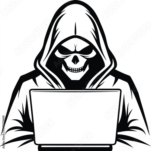 Hooded Skull Character with Laptop in Black and White Minimalist Style