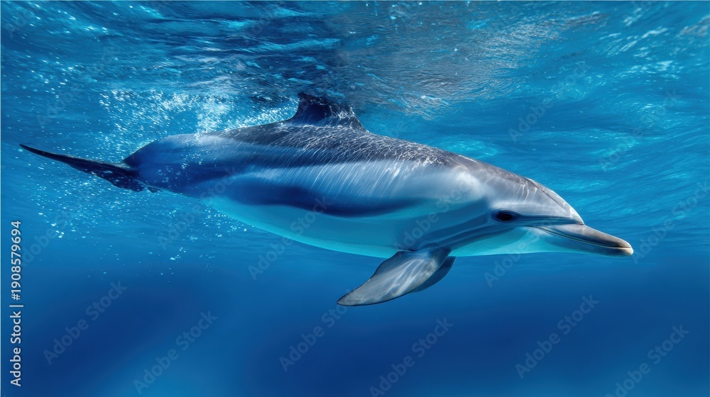 Fototapeta premium Dolphin Swims Across Clean Blue Water With a Strong Composition Suitable for Banners and Displays in Marine Environments