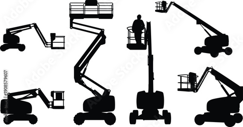 Silhouette collection of articulated and telescopic boom lifts with workers, aerial work platforms for construction, maintenance and industrial repair, heavy machinery access equipment set.