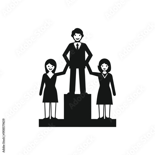 Podium Silhouette Man on Stage with Two Women, Isolated Minimalist Black and White Icon
