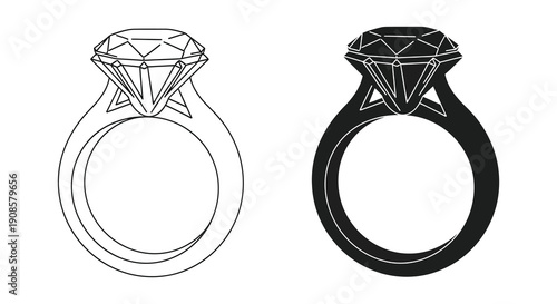Two diamond rings are displayed one outlined and the other a solid black shape a striking silhouette high quality professional detailed