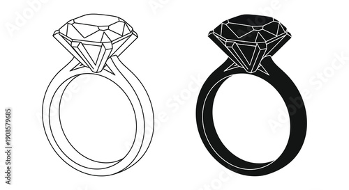 A contrasting depiction of a diamond ring shown in both line art and a bold black silhouette high quality professional detailed