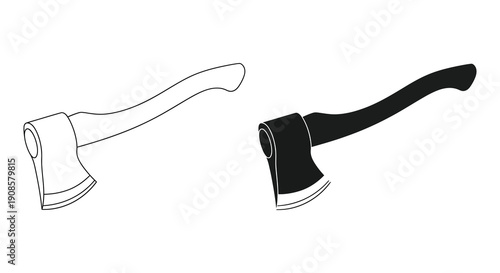 A comparison of an axe presented in both outline and solid black silhouette styles focusing on tool design high quality professional