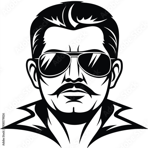 Monochrome Portrait Man with Sunglasses, Mustache and Collar Design
