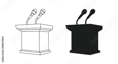 Two depictions of a podium with microphones one line art one a bold silhouette high quality professional detailed modern elegant