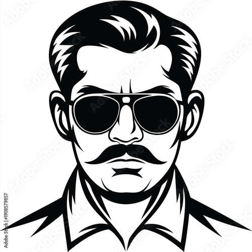 Black and White Silhouette of Man with Moustache Wearing Sunglasses, Collar Shirt