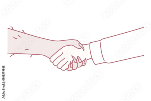 Handshake between man and devil symbolizes risky deal or dangerous business arrangement. Hand of human and demon is metaphor for bad contract or unethical way of managing company. Flat vector image