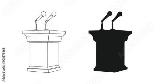 A comparison of a podium illustration and its corresponding black silhouette highlighting contrasting visual styles silhouette high quality professional detailed modern