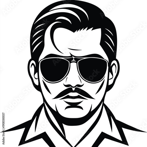 Portrait Man in Sunglasses, Dark Hair, Mustache, Shirt Collar Black and White Icon