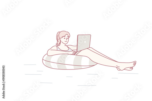 Young successful woman floats on air mattress in sea with laptop on lap in sunny tropical resort. Girl freelancer enjoys sunbathing and working with computer at same time. Flat vector illustration