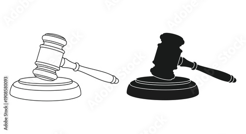 Two depictions of a gavel one outlined and one as a solid black shape presenting a striking contrast silhouette high quality