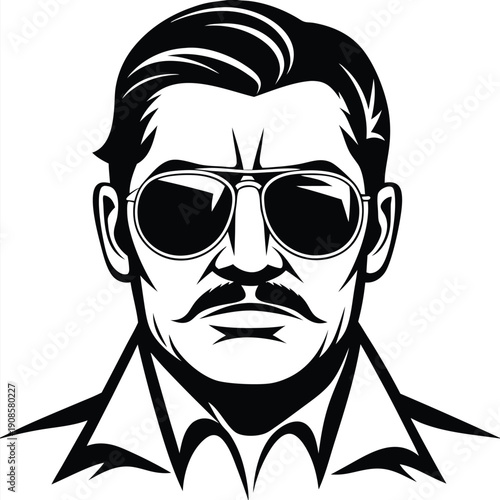 Monochrome Portrait of a Man with Sunglasses and Moustache in Black and White Style