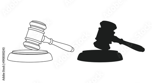 A detailed illustration depicts a gavel resting on a sound block alongside its stark black silhouette high quality professional modern elegant