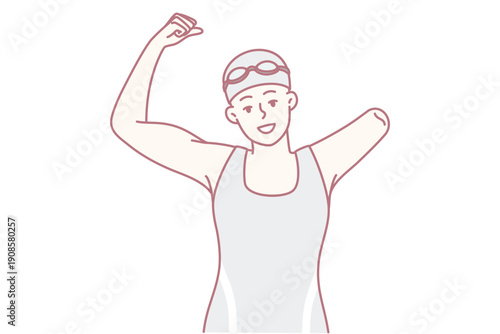 Woman swimmer with one arm demonstrates strength by raising fist and showing biceps as sign of victory in competition. Happy disabled girl dressed in swimsuit and swimming cap. Flat vector image