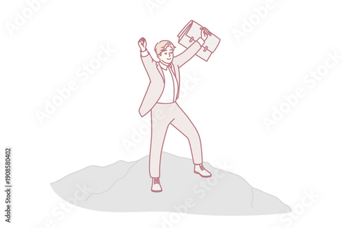 Confident man in business clothes is standing on mountain raising hands up joy of career success and getting new position. Young businessman owner of own company among clouds. Flat vector design
