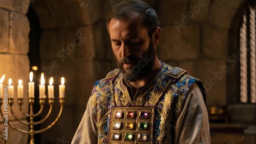 Biblical High Priest Aaron Wearing Ephod and Gemstone Breastplate Standing near Golden Menorah in the Holy Place
