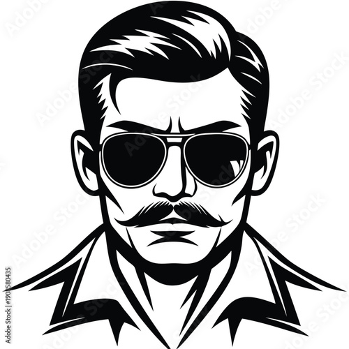 Bold Outline Man with Moustache & Sunglasses, Stern Face, Shirt Collar Detailed
