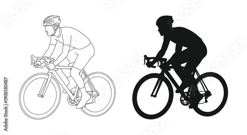 A comparison of a cyclist depicted in line art alongside its contrasting black silhouette high quality professional detailed modern elegant stylish