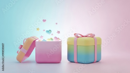 Two Pastel-Colored Gift Boxes, One Open Revealing Floating Heart