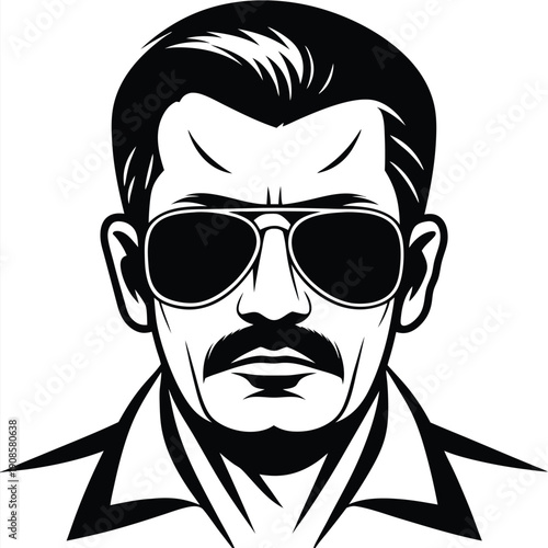 Man with Sunglasses, Mustache, and Hair in Black and White Stylish