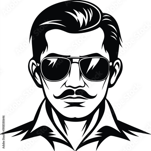 Monochrome Portrait of Man with Mustache Wearing Aviator Sunglasses in Linear Style