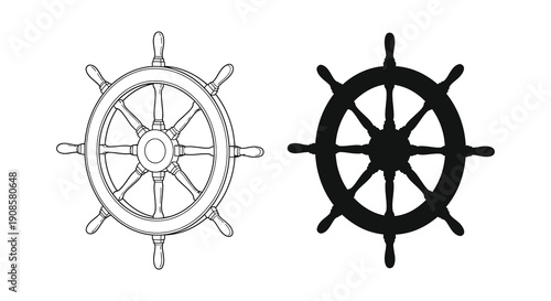 Two ship wheels are depicted in contrasting styles one detailed and the other a stark silhouette high quality professional modern elegant