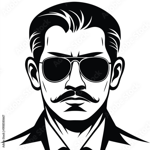 Monochrome Portrait Retro Man with Sunglasses, Mustache, Dark Hair, and Suit