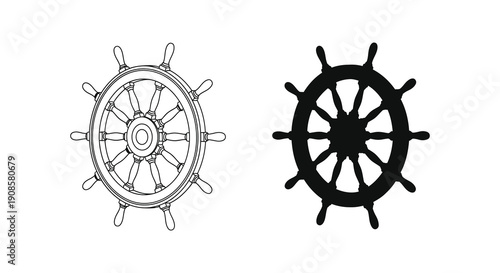 Two ship steering wheels are presented one outlined and the other a stark black silhouette high quality professional detailed modern elegant