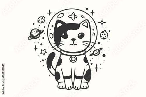 Isolated Silhouette Cat Astronaut in Space Helmet Among Stars, Planet, Moon Design