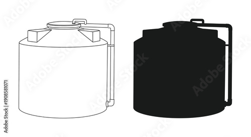 A comparative illustration displays a water tank and its corresponding black silhouette emphasizing form and outline silhouette high quality professional detailed
