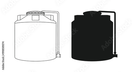 A comparison is shown between a line drawing and a solid black silhouette of a water tank silhouette high quality professional
